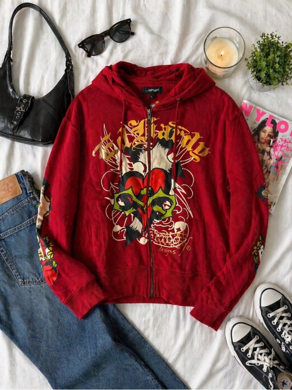 Ed Hardy Red Zip Hoodie Women’s L NWT Y2K Graphic Streetwear